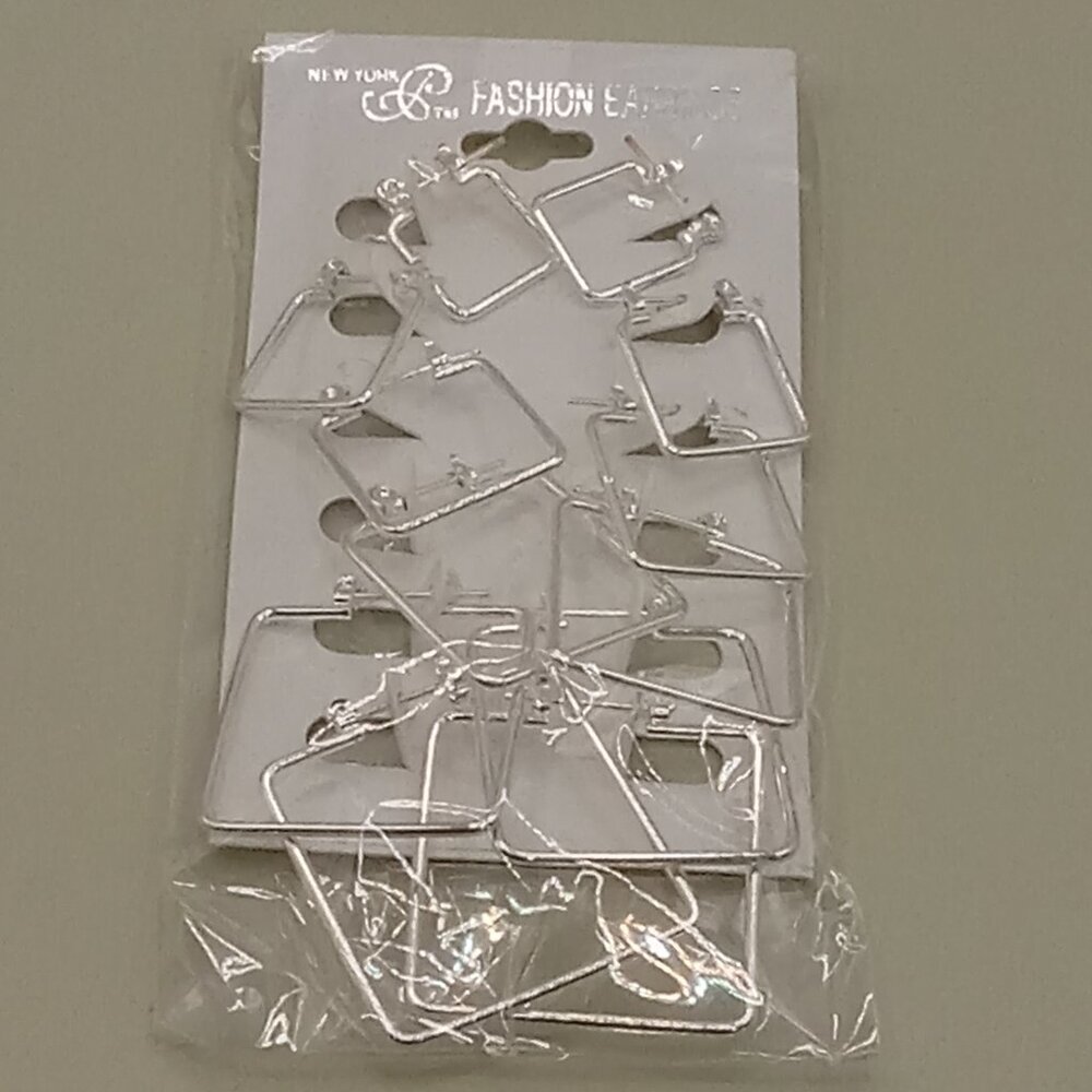 Square Silver Tone 6 Pair Earrings Pierced Set Everyday Light Weight - Picture 3 of 7